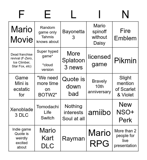 Nintendo Direct Bingo Card