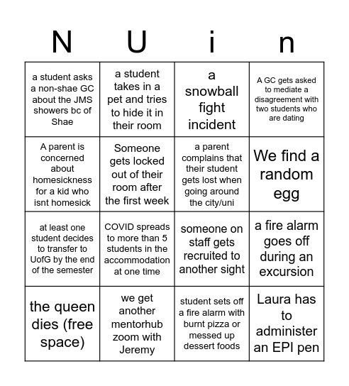 NUin-go Bingo Card