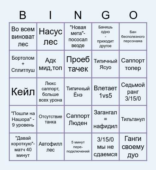 Типичная лига легенд ру-сервер Bingo Card