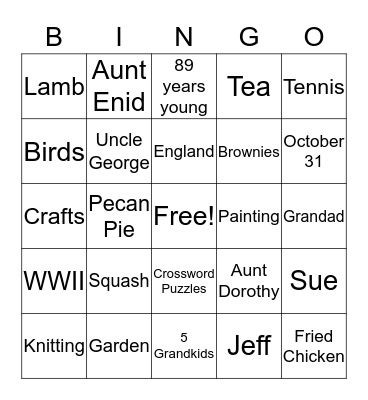 Grammy's Bingo Card