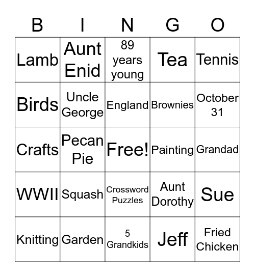 Grammy's Bingo Card