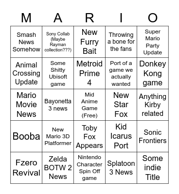 Nintendo Direct 2022 Bingo Card