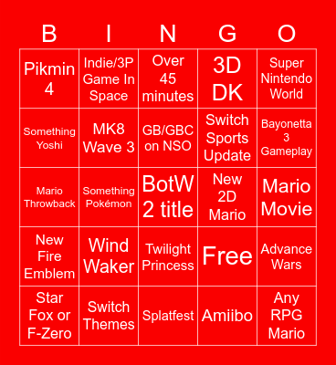 9/22 Nintendo Direct Bingo Card