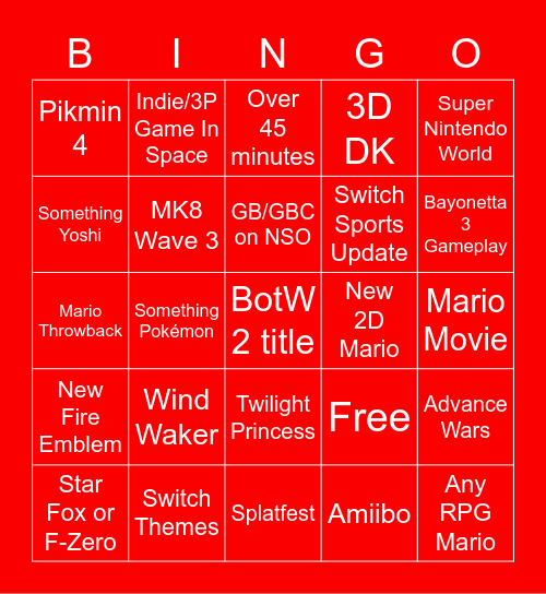 9/22 Nintendo Direct Bingo Card