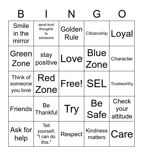 Social Emotional Learning (SEL) Bingo Card