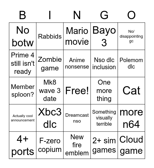 Ninto diret Bingo Card