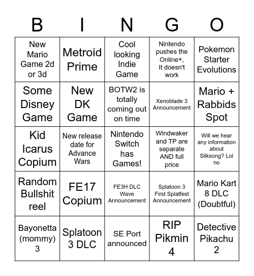 Nintendo Direct Bingo Card