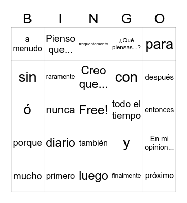 Frequency and Connecting words Bingo Card