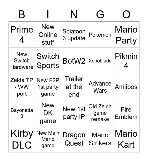 September 13 Nintendo Direct Bingo Card