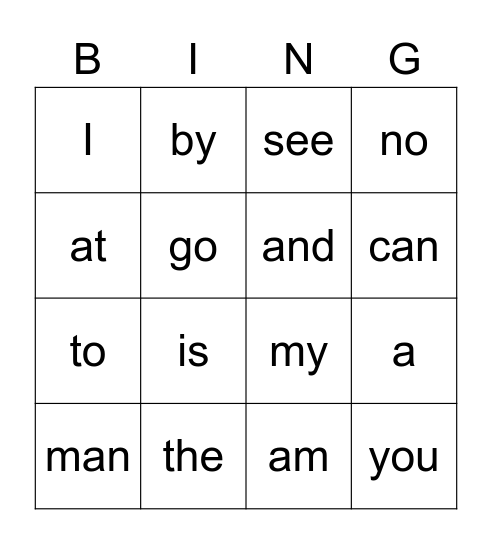 SIGHT WORD BINGO Card
