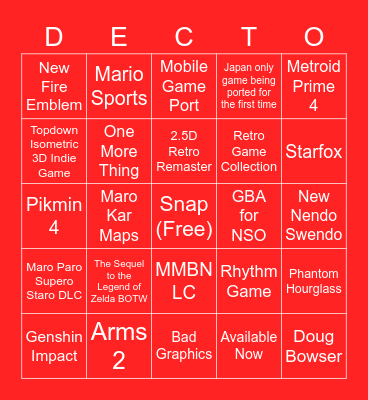 NENDO SWENDO DECTO (NO TRICKO) Bingo Card