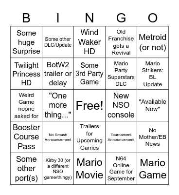 Nintendo Direct Sep. 2022 Bingo Card
