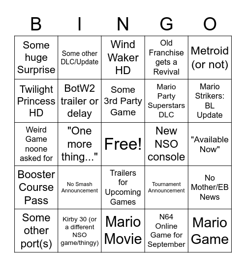 Nintendo Direct Sep. 2022 Bingo Card