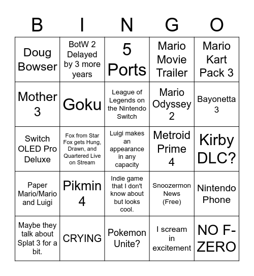 Nintendo Bingus Bingo Card