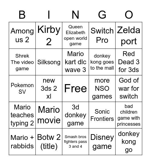Nintendo Direct 9/11 Bingo Card