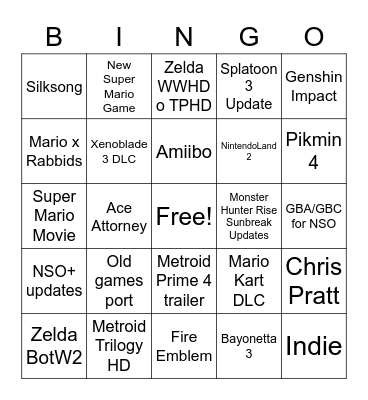 Nintendo Card Bingo Card