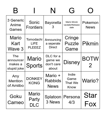 Nintendo Direct Bingo Card