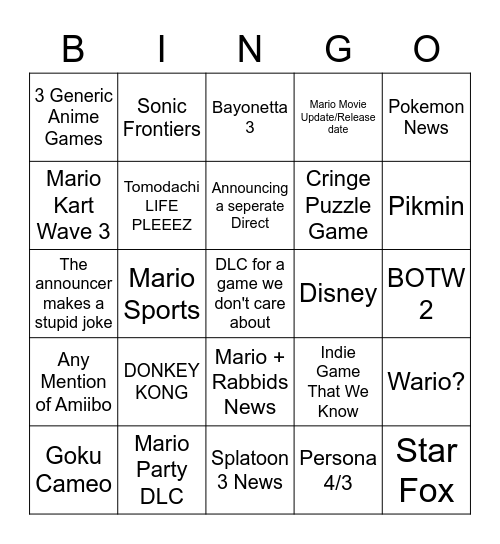 Nintendo Direct Bingo Card