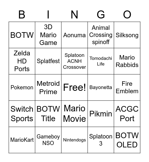 Nintendo Direct Bingo Card