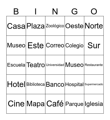 Puntos Cardinales y Sitios Simples en Una Ciudad Bingo Card