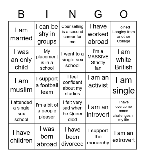 LT Counsellor bingo Card