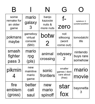 nintendo direction v9.13.22 Bingo Card