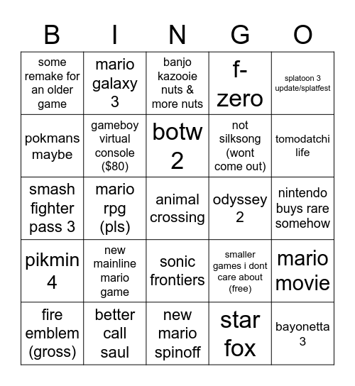 nintendo direction v9.13.22 Bingo Card