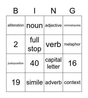 English Language Bingo Card