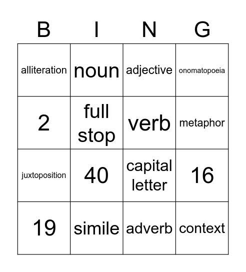 English Language Bingo Card