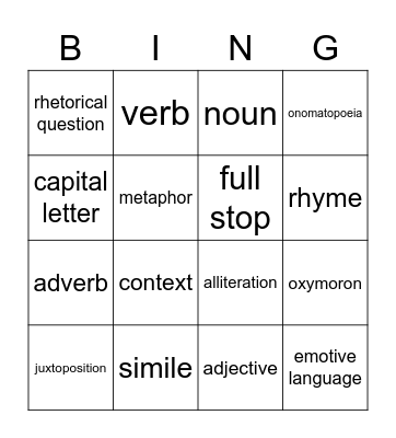 English Language Bingo Card