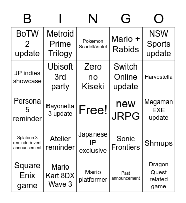 Nintendo Direct Japanese Bingo Card