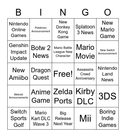 Nintendo Direct Bingo 9/13 Bingo Card
