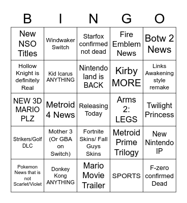 Nintendo Direct Bingo Card