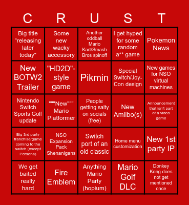 Takumi's Nintendo Direct Bingo Card