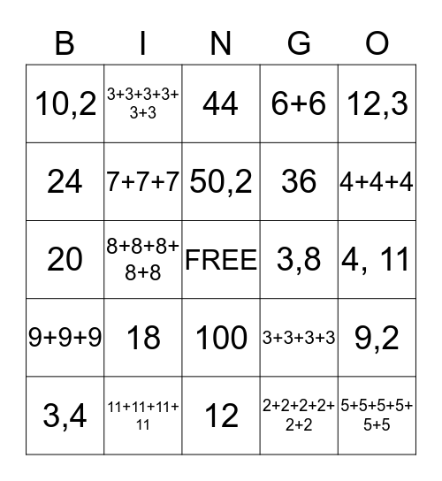 Multiplication & Addition Bingo Card