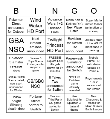 Nintendo Direct Bingo 9/13 Bingo Card