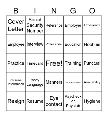 Employment Bingo Card