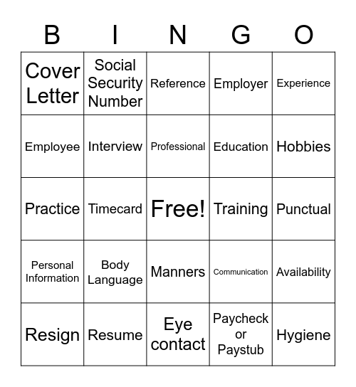 Employment Bingo Card