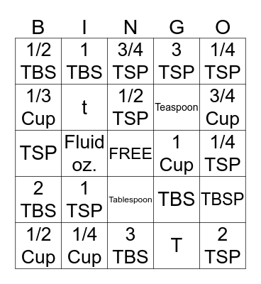 Cooking Measurement Bingo  Bingo Card