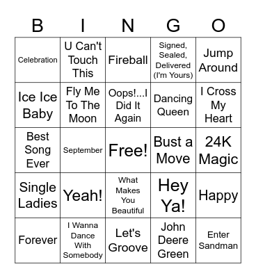 Songs Rittenhouse Plays at Her Wedding Bingo Card
