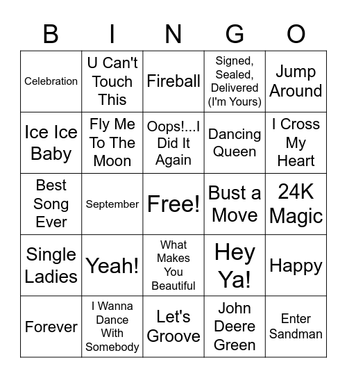 Songs Rittenhouse Plays at Her Wedding Bingo Card