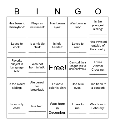 Classmate Bingo Card