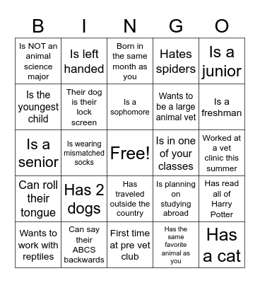 Pre Vet Bingo Card