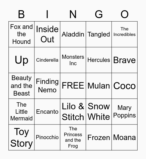 Disney Movies Bingo Card