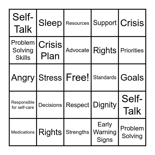 Mental Health Bingo Card