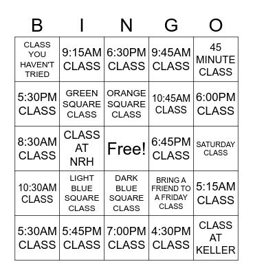 BLINK GROUP FITNESS CLASS BINGO Card