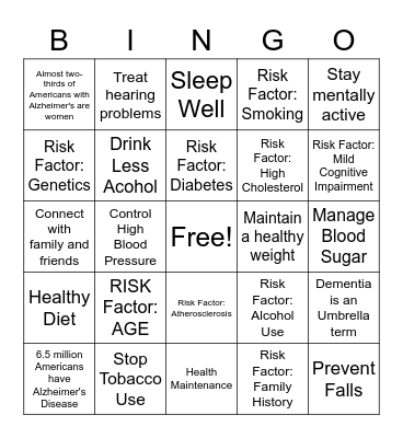 Dementia Prevention BINGO Card