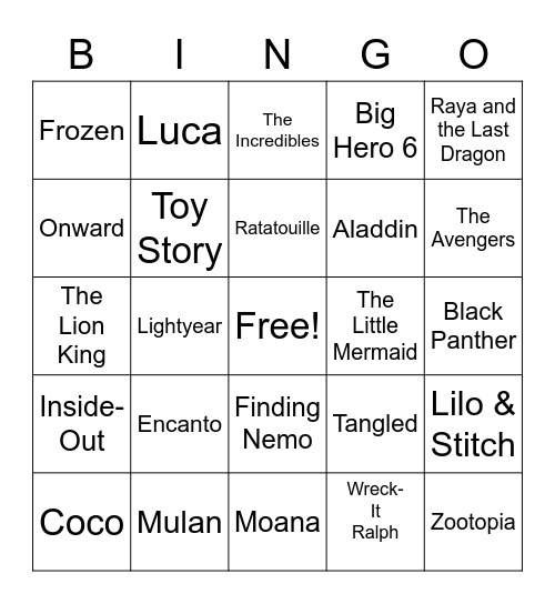 Disney Movies Bingo Card