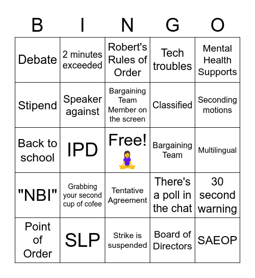 Union Meeting Bingo Card