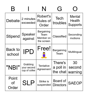 Union Meeting Bingo Card